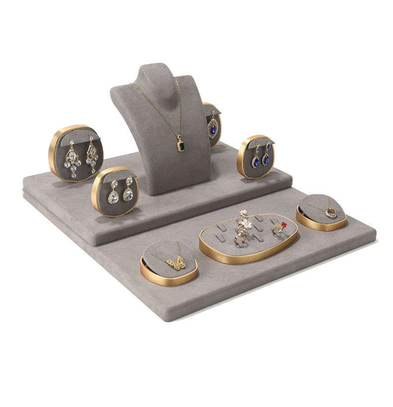 Jewelry Display Stand Set Grey Microfiber Metal DS134-e