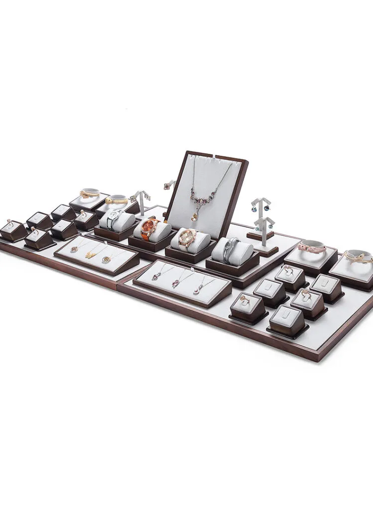 Jewelry Display Stand Set Light Grey Color & Microfiber, Wood Material DS142-ad
