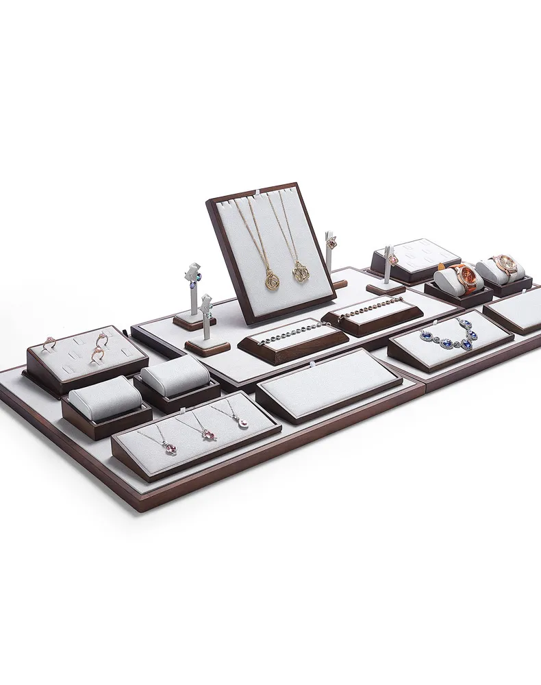 Jewelry Display Stand Set Light Grey Color & Microfiber, Wood Material DS142-ae