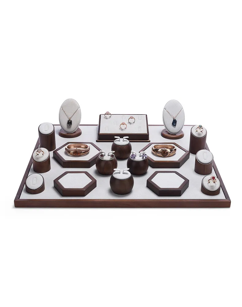 Jewelry Display Stand Set Light Grey Color & Microfiber, Wood Material DS142-af