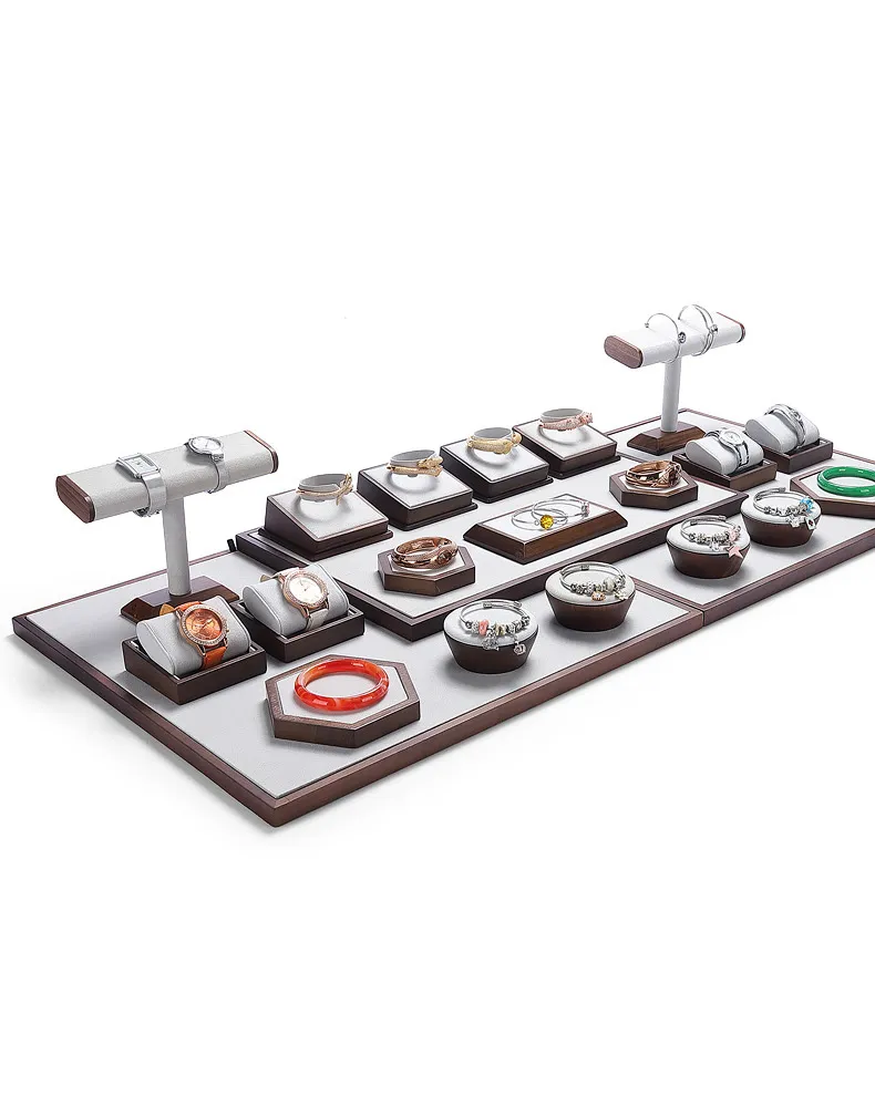 Jewelry Display Stand Set Light Grey Color & Microfiber, Wood Material DS142-ai