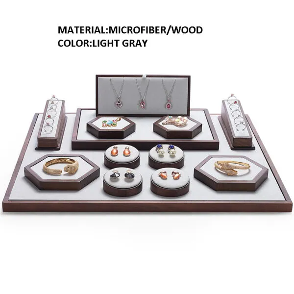 Jewelry Display Stand Set Light Grey Color & Microfiber, Wood Material DS142-l