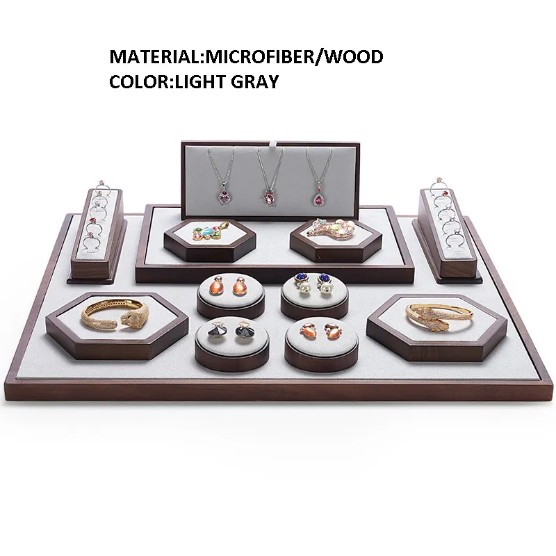 Jewelry Display Stand Set Light Grey Color & Microfiber, Wood Material DS142-l