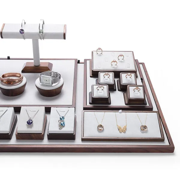 Jewelry Display Stand Set Light Grey Color & Microfiber, Wood Material DS142-x