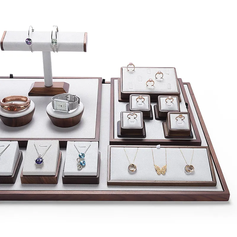 Jewelry Display Stand Set Light Grey Color & Microfiber, Wood Material DS142-x