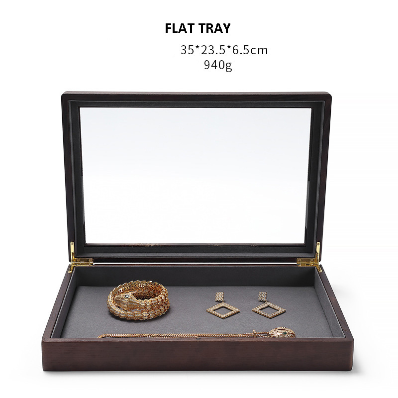 Jewelry Display Tray Multifunction Presentation Trays with Transparent Cover & Microfiber, Wood TR035-d