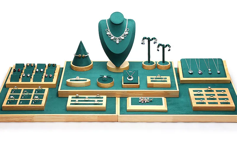 Jewelry Display Stand Set Green Color & Microfiber, Wood Material DS148-a
