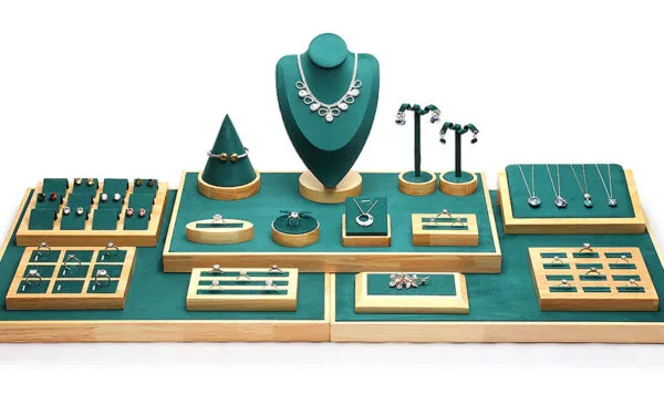 Jewelry Display Stand Set Green Color & Microfiber, Wood Material DS148-aq