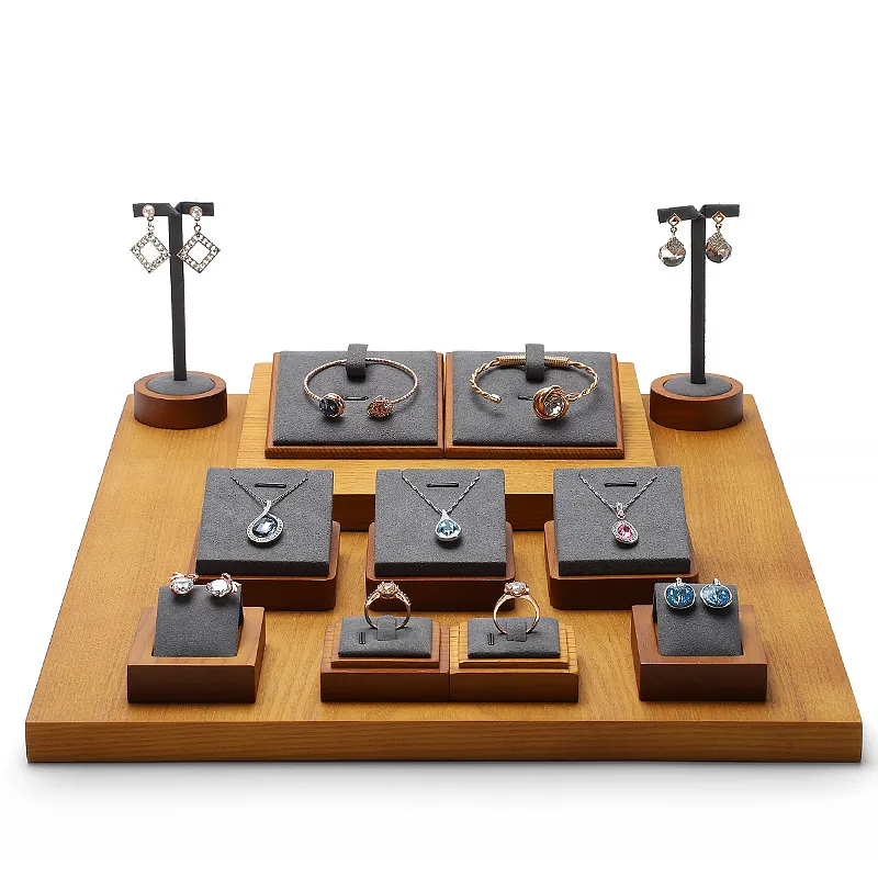 Jewelry Display Stand Set Grey Color & Microfiber, Wood Material DS161-ai
