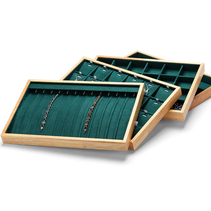 Jewelry Display Tray Green Multifunction Trays Pendant, Ring, Bangle, Brooch, Bracelet, Flat Tray & Microfiber, Wood TR048-e