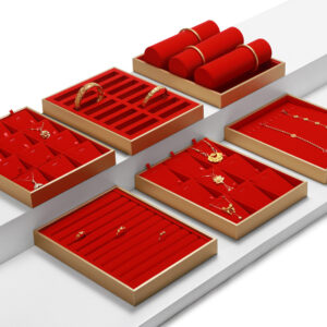 Jewelry Display Tray Red Multifunction Trays Pendant, Ring, Bangle, Earring, Bracelet, Loose Diamond Tray & Microfiber, Wood TR049-h